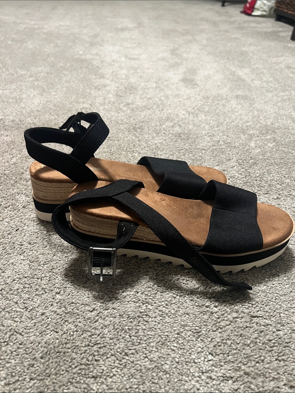 TOMS Black Espadrille Platform Wedge Sandals Ankle Strap Women’s 9M